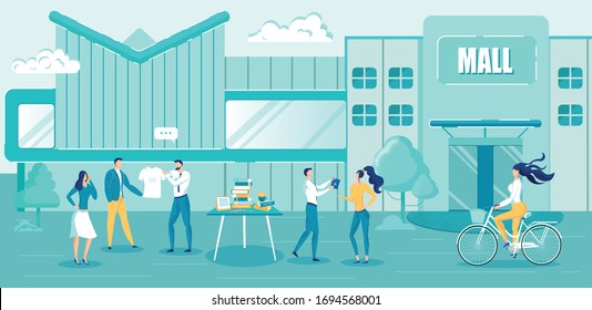 Promotional Campaign, Shop Staff Advertising Goods On Street. Shopping Mall. Sellers Offer Discounts, Sales. Cartoon Customers. Grand Sell-out. Follower Engagement. Marketing. Vector Flat Illustration