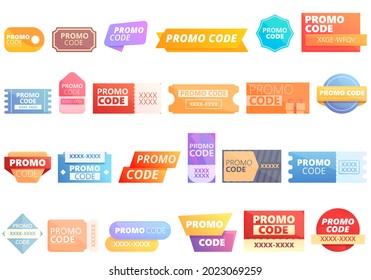 Promotional code icons set cartoon vector. Coupon discount. Sale price