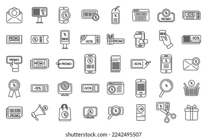 Promotional code icons set outline vector. Discount percent. Price sale