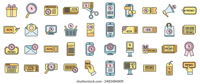 Promotional code icons set outline vector. Discount percent. Price sale thin line color flat on white