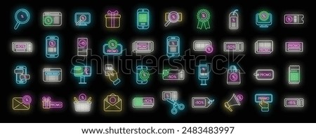 Promotional code icons set outline vector. Discount percent. Price sale neon color on black