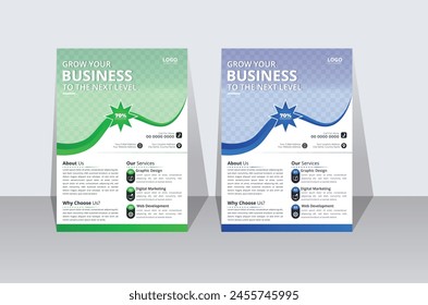 Promotional Corporate business flyer template design set with two color variations. marketing, business proposal, promotion, growth, advertising, publication, cover page. new digital marketing flyer