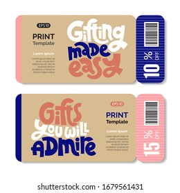 Promotional coupon design template with hand drawn lettering, slogan stylized typography for gift shop, souvenir store, event company. Quote layout for a party, social media, gift. 