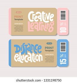 Promotional coupon vector design template with hand drawn lettering. Quote about global, online, distance education, language course, inspiration to start learning. Discount, gift card layout.