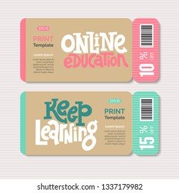 Promotional coupon vector design template with hand drawn lettering. Quote about global, online, distance education, language course, inspiration to start learning. Discount, gift card layout.