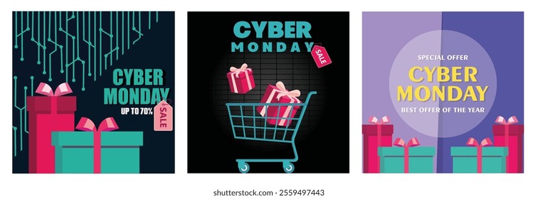 Promotional Cyber Monday Sale. Shopping Cart and Wrapped Gift Boxes. Special Offer Promotional Design. Set flat vector modern illustration 