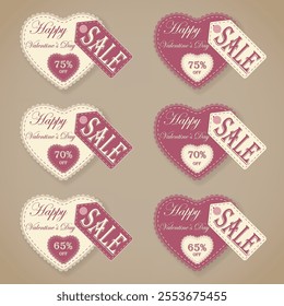 Promotional Valentine’s Day Banner Featuring Craft Lace Heart Design, Buttoned Sale Tag, and Discount Options of 65%, 70%, and 75% in Vintage Style, Perfect for Promotions and Packaging