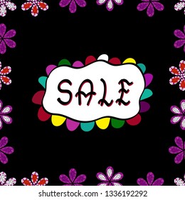 Promotional design. Art illustration of logotype for sale, give away, discount, sell out, clearance, closeout, fashion, souvenir, shop. Pictures in black, white and purple colors. Seamless. Vector.