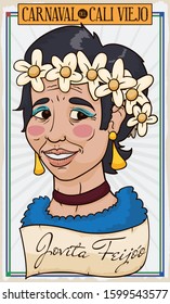 Promotional design for Carnival Parade of Cali Viejo (written in Spanish), with iconic queen of this city: Jovita Feijóo (written in the scroll), decorated with frame with the colors of Cali's flag.