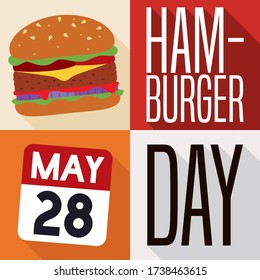 Promotional design in flat style and long shadow with delicious cheeseburger and reminder calendar for Hamburger Day celebration in May 28.
