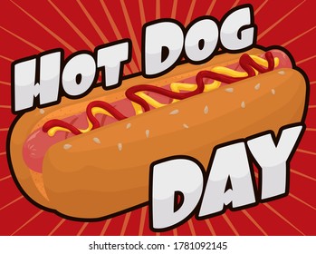Promotional design with silver texts and traditional hot dog: fresh bread with sesame seeds, delicious sausage, ketchup and mustard, ready for Hot Dog Day.