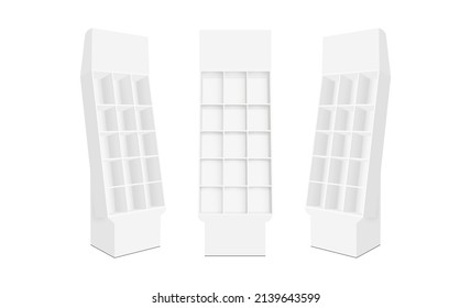 Promotional Display Racks, Isolated on White Background, Front, Side View. Vector Illustration