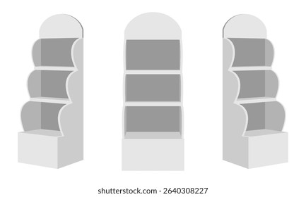 promotional display shelf set with curved side. vector illustration isolated on white background.	
