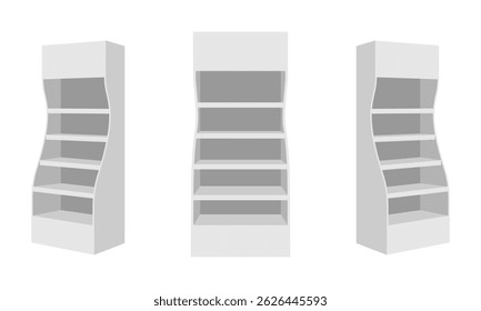 promotional display shelf stand set, curved side vector illustration isolated on white background.