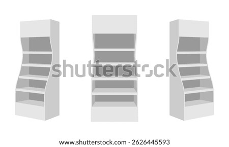 promotional display shelf stand set, curved side vector illustration isolated on white background.