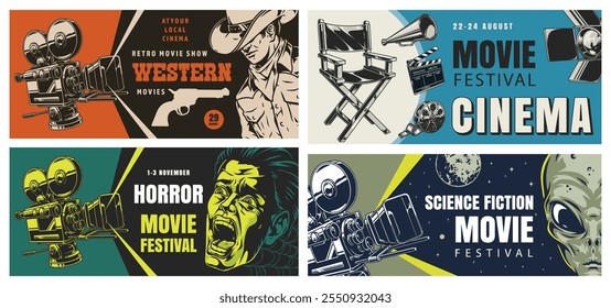 A promotional display showcases four upcoming film festivals. Events feature genres such as western horror and science fiction. Each festival has specific dates and engaging visual elements.