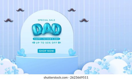 Promotional Fathers Day banner featuring a blue background, decorative balloons, and a festive theme emphasizing discounts and celebration.