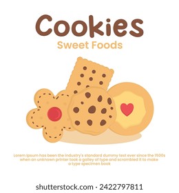 promotional flyer background with illustrations of various butter cookies with copyspace