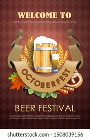 Promotional flyer template for Oktoberfest event or festival with wheat ears, barrel and a glass of beer