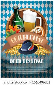 Promotional flyer template for Oktoberfest event or festival with a glass of beer, bottle, pretzel, Tyrolean hat.