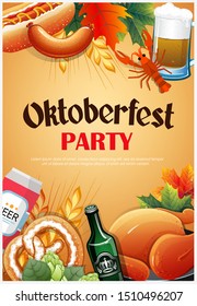 Promotional flyer template for Oktoberfest event or festival with wheat ears, mug of beer, sausage, pretzel, lobster and other snacks on yellow background