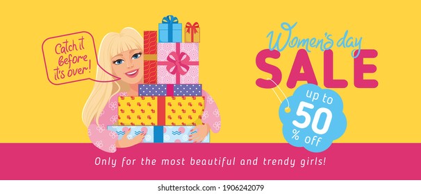 Promotional flyer for womens day sale with cute pretty blonde girl holding boxes. Advertising, discount, offer. Vector illustration, banner, poster, invitation, template