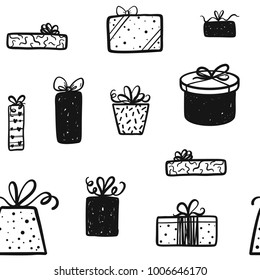 Promotional gift box seamless pattern background. Vector sale, shopping, birthday design for banner, package, card, web, wrapper.