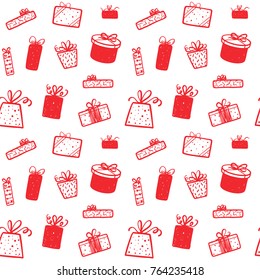 Promotional gift box seamless pattern background. Vector sale, shopping, birthday design for banner, package, card, web, wrapper.