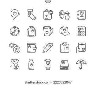 Promotional gifts. Business souvenirs. Hoodie, cup, keychain, wallet, pen and other. Company products. Pixel Perfect Vector Thin Line Icons. Simple Minimal Pictogram