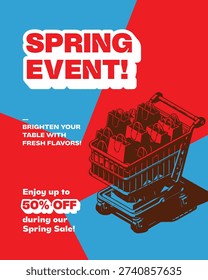 Promotional graphic announcing a Spring Event and Sale with a shopping cart filled with bags and a 50% off offer