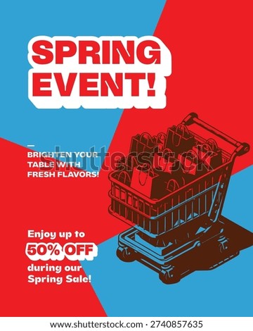 Promotional graphic announcing a Spring Event and Sale with a shopping cart filled with bags and a 50% off offer