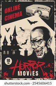 A promotional graphic features a haunted house and a vampire projecting horror movies. Bats surround the setting enhancing the eerie atmosphere for fans.