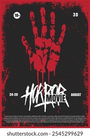 A promotional graphic showcasing an upcoming horror movie event featuring a striking red handprint against a dark background. The event runs from August 24 to 29 for adults only.