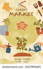 Promotional greeting poster for local Garden Market. Hand drawn poster with gardening tools, plants seedling in pots, vegetables seeds, includes working hours. Colorful illustration in green tones.