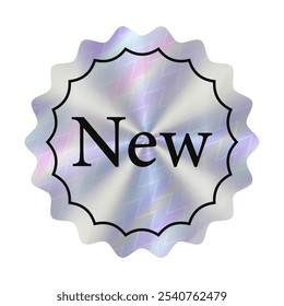 Promotional holographic sticker with text New. Iridescent neon gradient badge tag for arrival and product.