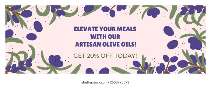 Promotional Horizontal Banner with Purple Olive Branches and Green Leaves. Highlight special offer 20 percent off, emphasizing premium quality products