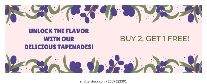 Promotional Horizontal Banner with Purple Olive Branches and Green Leaves. Highlight special offer buy 2 get 1 free, emphasizing premium quality products