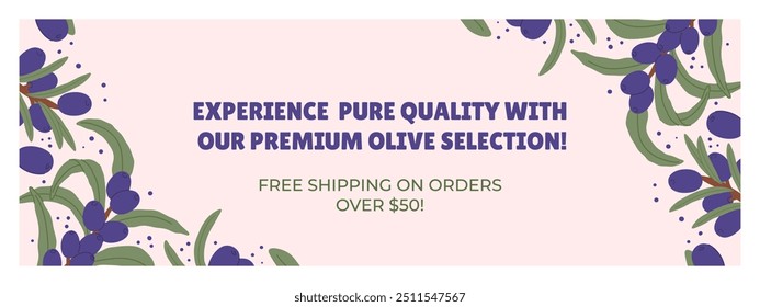 Promotional Horizontal Banner with Purple Olive Branches and Green Leaves. Highlight special offer free shipping, emphasizing premium quality products