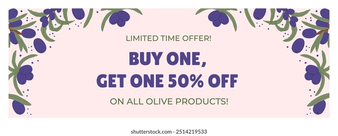 Promotional Horizontal Banner with Purple Olive Branches and Green Leaves. Highlight special offer on all products, emphasizing premium quality products