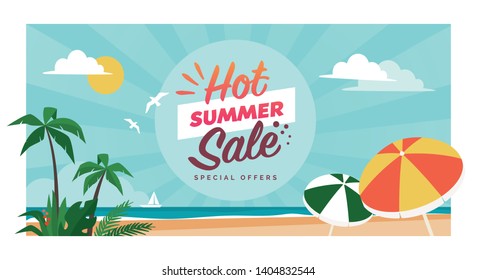 Promotional hot summer sale banner with tropical beach and palms, seasonal shopping concept