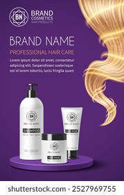 A promotional image featuring hair care products including shampoo, hair mask, and conditioner on a purple background. 