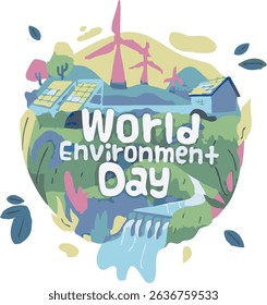 promotional or informational graphic celebrating World Environment Day, which is observed on June 5th each year. It features a colorful illustration of the Earth surrounded by green leaves and pink fl