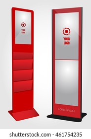 Promotional Interactive Information Kiosk Terminal Stand with two Touch Screen Displays and Advertising Display with Brochure Holder. Mock Up Template.