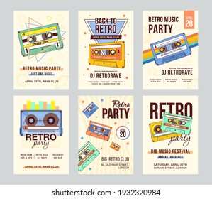 Promotional invitation designs with vintage audiocassettes. Creative banner invitations with compact cassettes for party. Retro music and audio equipment concept. Template for leaflet, banner or flyer