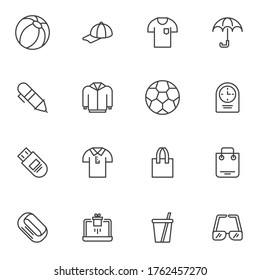 Promotional items line icons set, outline vector symbol collection, summer shop linear style pictogram pack. Signs, logo illustration. Set includes icons as beach ball, baseball cap, sunglasses, shirt