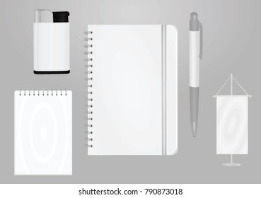 Promotional items template. notebook, lighter, pen, flag. vector illustration
