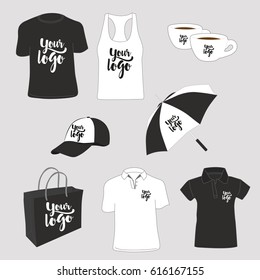 Promotional  items. T-shirts, polo shirt, 
tank top, paper bag, cups, cap and umbrella. Vector illustration. 