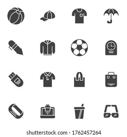 Promotional items vector icons set, modern solid symbol collection, summer shop filled style pictogram pack. Signs, logo illustration. Set includes icons as beach ball, baseball cap, sunglasses, shirt