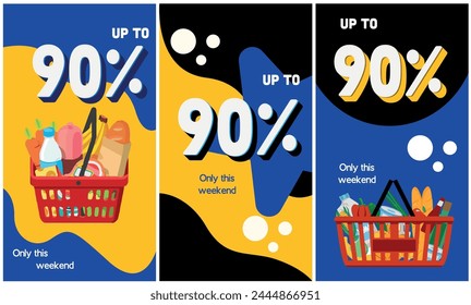 Elemento de etiqueta promocional, hasta 90% de descuento, azul, negro y amarillo.