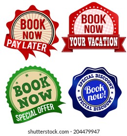 Promotional label, sticker or stamps for book now on white, vector illustration